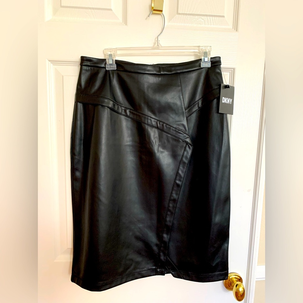 NWT DKNY Faux Leather Black Skirt: Back Zip Closure, Asymmetric Front Detail 10